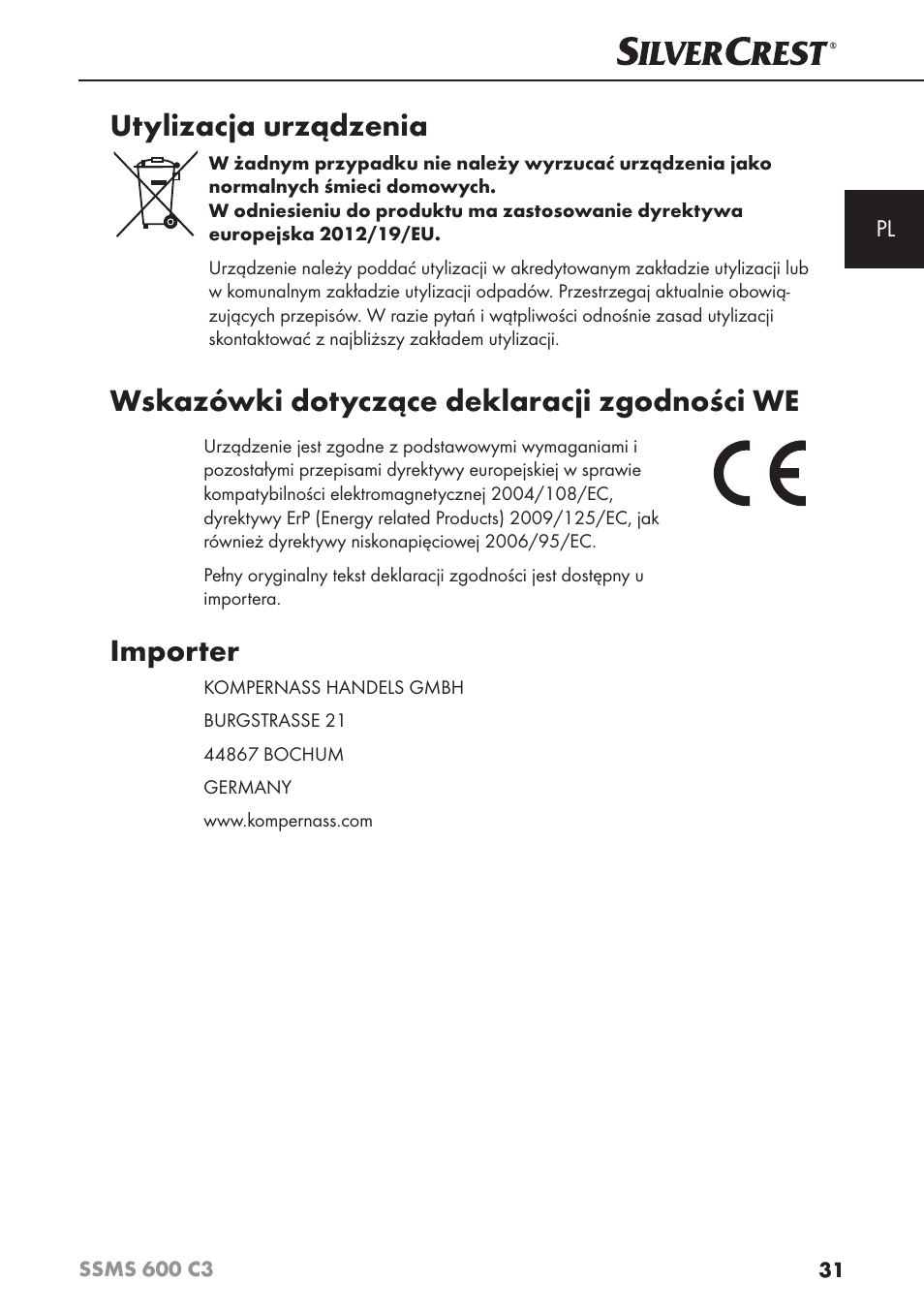 Utylizacja urządzenia, Wskazówki dotyczące deklaracji zgodności we, Importer | Silvercrest SSMS 600 C3 User Manual | Page 34 / 130