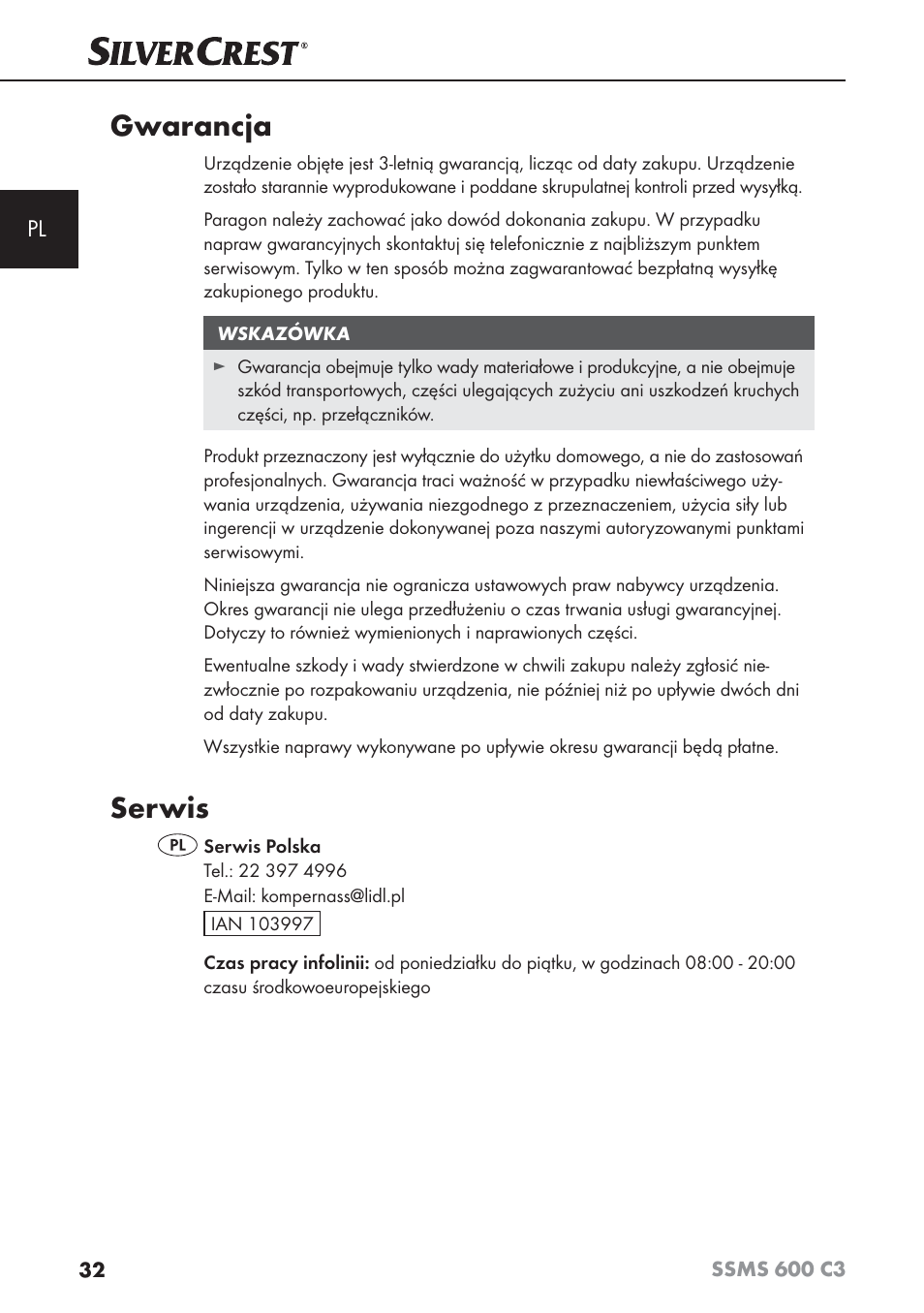 Gwarancja, Serwis | Silvercrest SSMS 600 C3 User Manual | Page 35 / 130