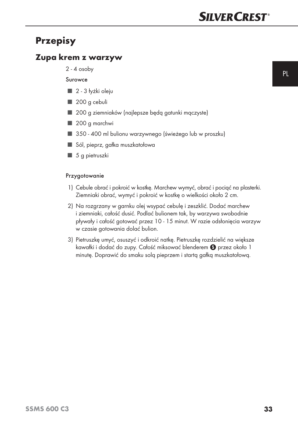 Przepisy, Zupa krem z warzyw | Silvercrest SSMS 600 C3 User Manual | Page 36 / 130