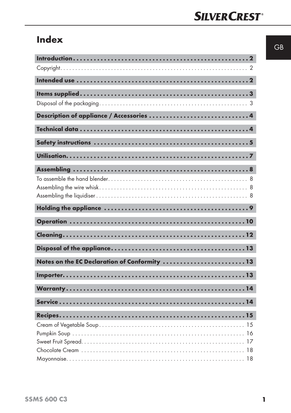 Index | Silvercrest SSMS 600 C3 User Manual | Page 4 / 130