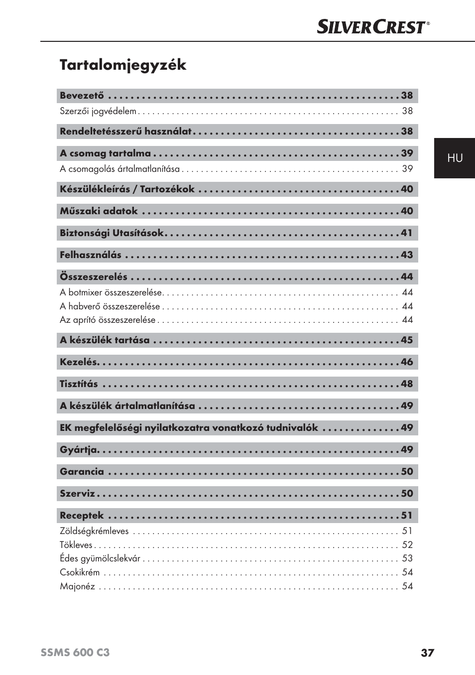 Tartalomjegyzék | Silvercrest SSMS 600 C3 User Manual | Page 40 / 130