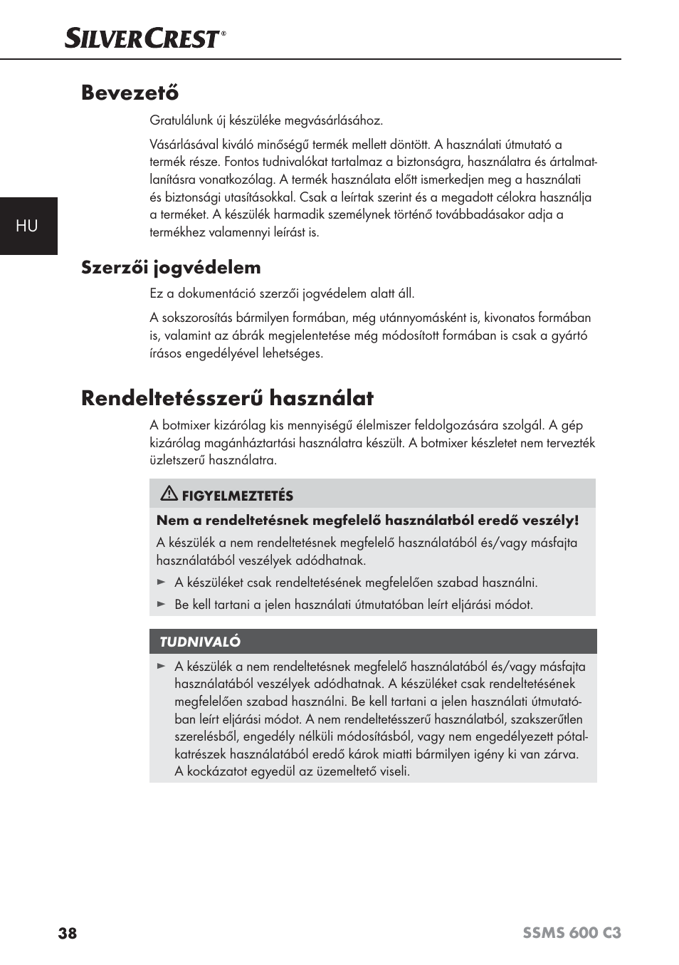 Bevezető, Rendeltetésszerű használat, Szerzői jogvédelem | Silvercrest SSMS 600 C3 User Manual | Page 41 / 130