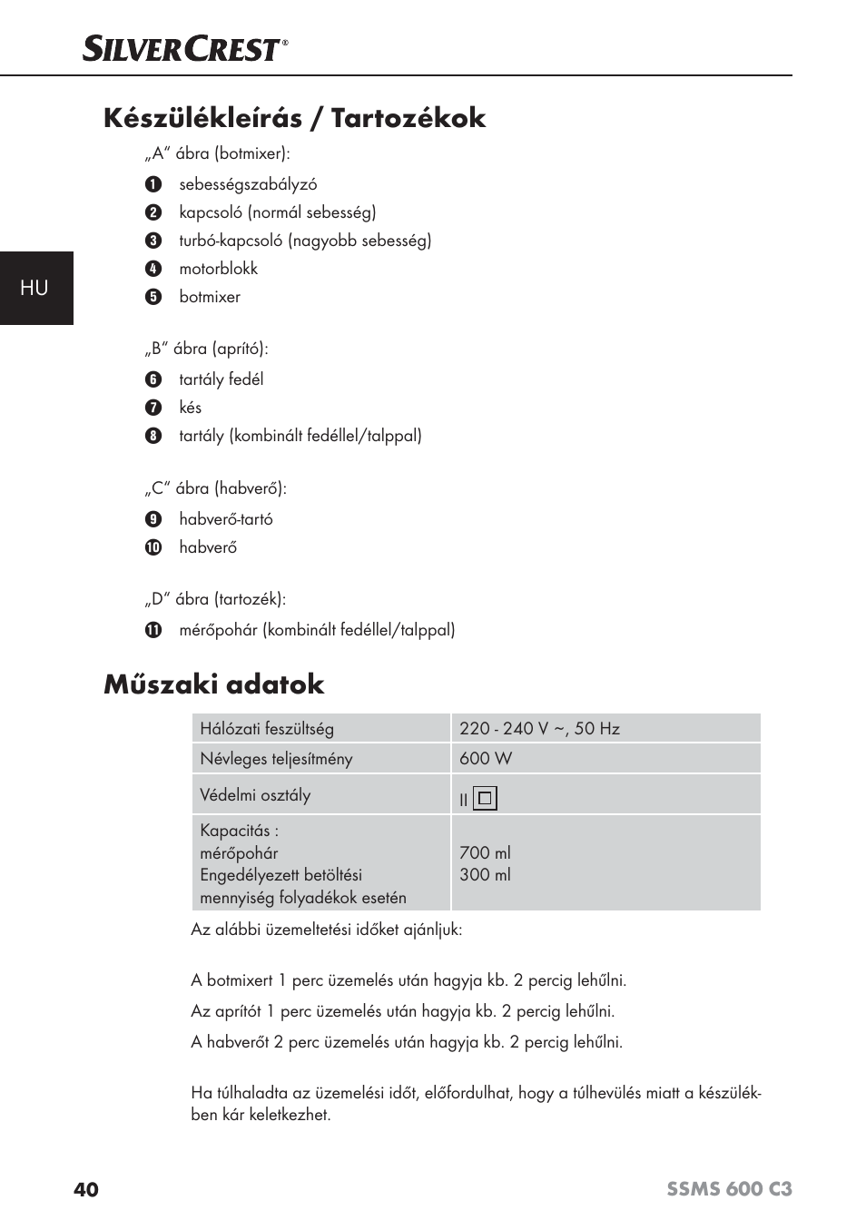 Készülékleírás / tartozékok, Műszaki adatok | Silvercrest SSMS 600 C3 User Manual | Page 43 / 130