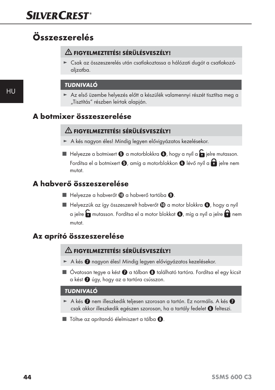 Összeszerelés, A botmixer összeszerelése, A habverő összeszerelése | Az aprító összeszerelése | Silvercrest SSMS 600 C3 User Manual | Page 47 / 130