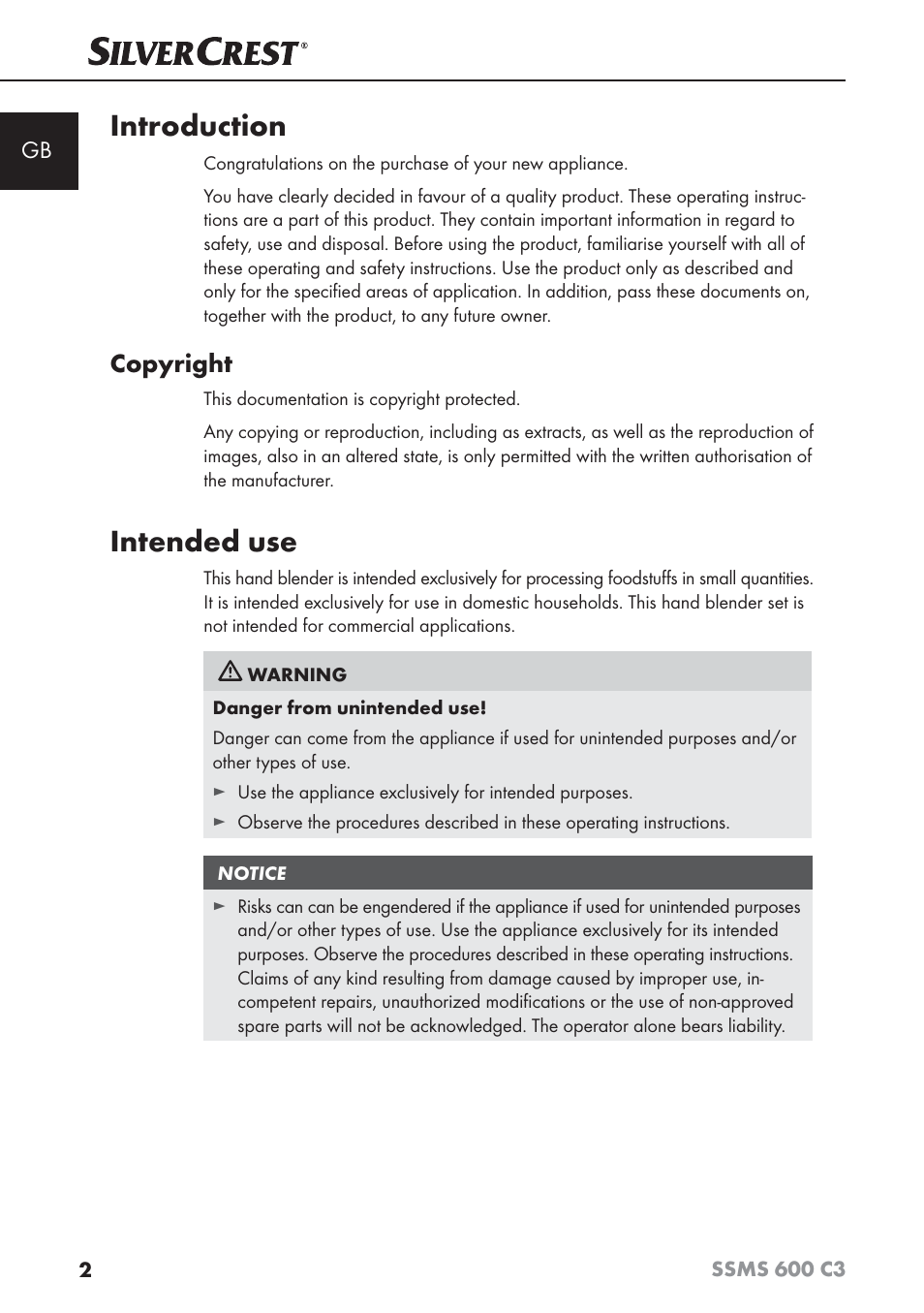 Introduction, Intended use, Copyright | Silvercrest SSMS 600 C3 User Manual | Page 5 / 130