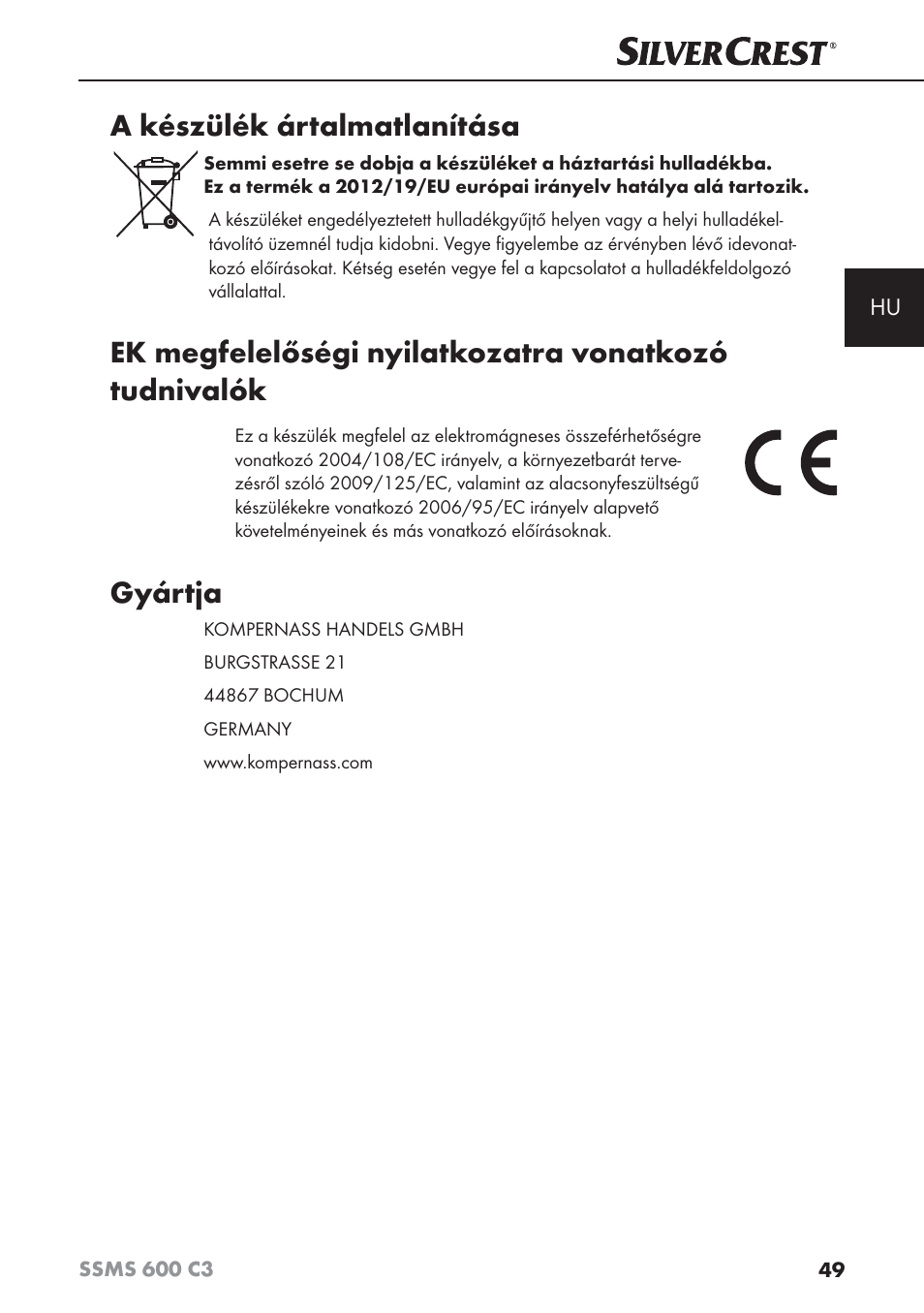 A készülék ártalmatlanítása, Gyártja | Silvercrest SSMS 600 C3 User Manual | Page 52 / 130