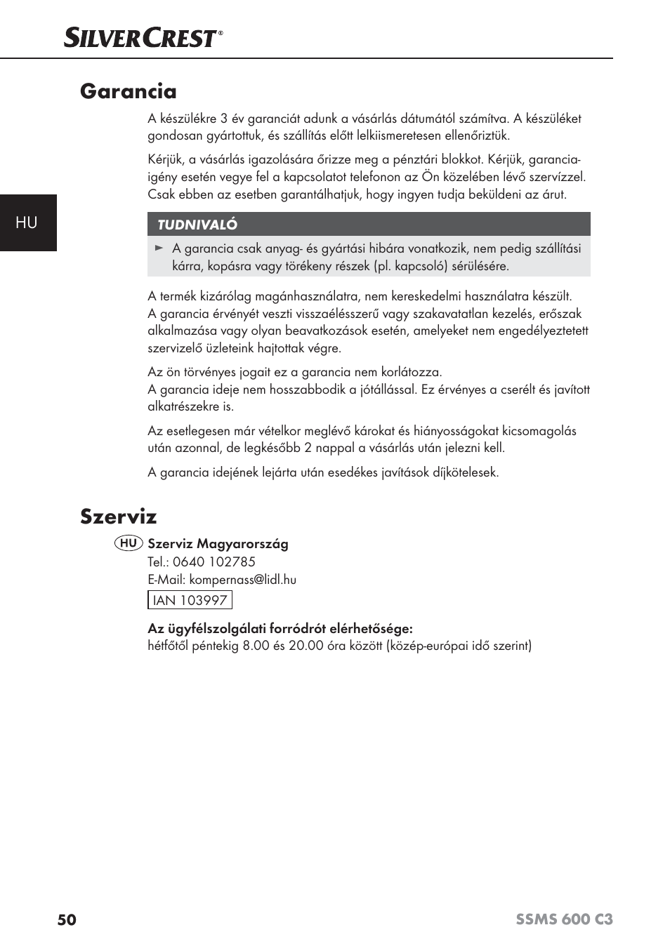 Garancia, Szerviz | Silvercrest SSMS 600 C3 User Manual | Page 53 / 130
