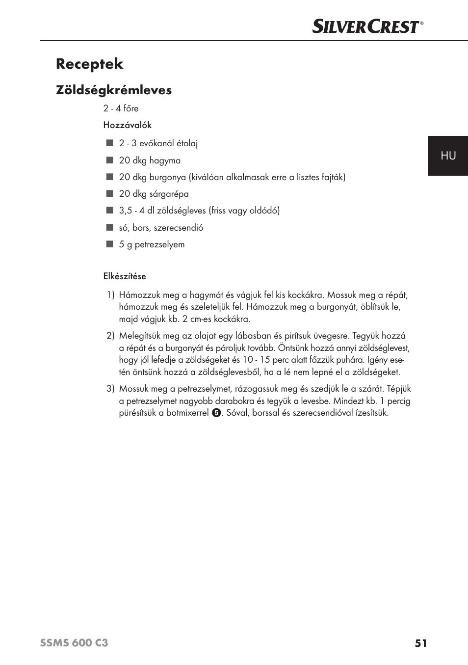 Receptek, Zöldségkrémleves | Silvercrest SSMS 600 C3 User Manual | Page 54 / 130