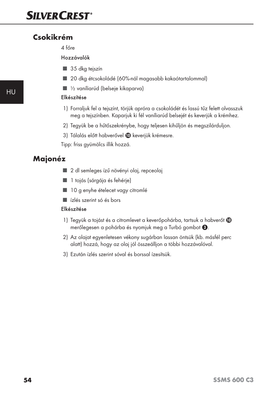 Csokikrém, Majonéz | Silvercrest SSMS 600 C3 User Manual | Page 57 / 130