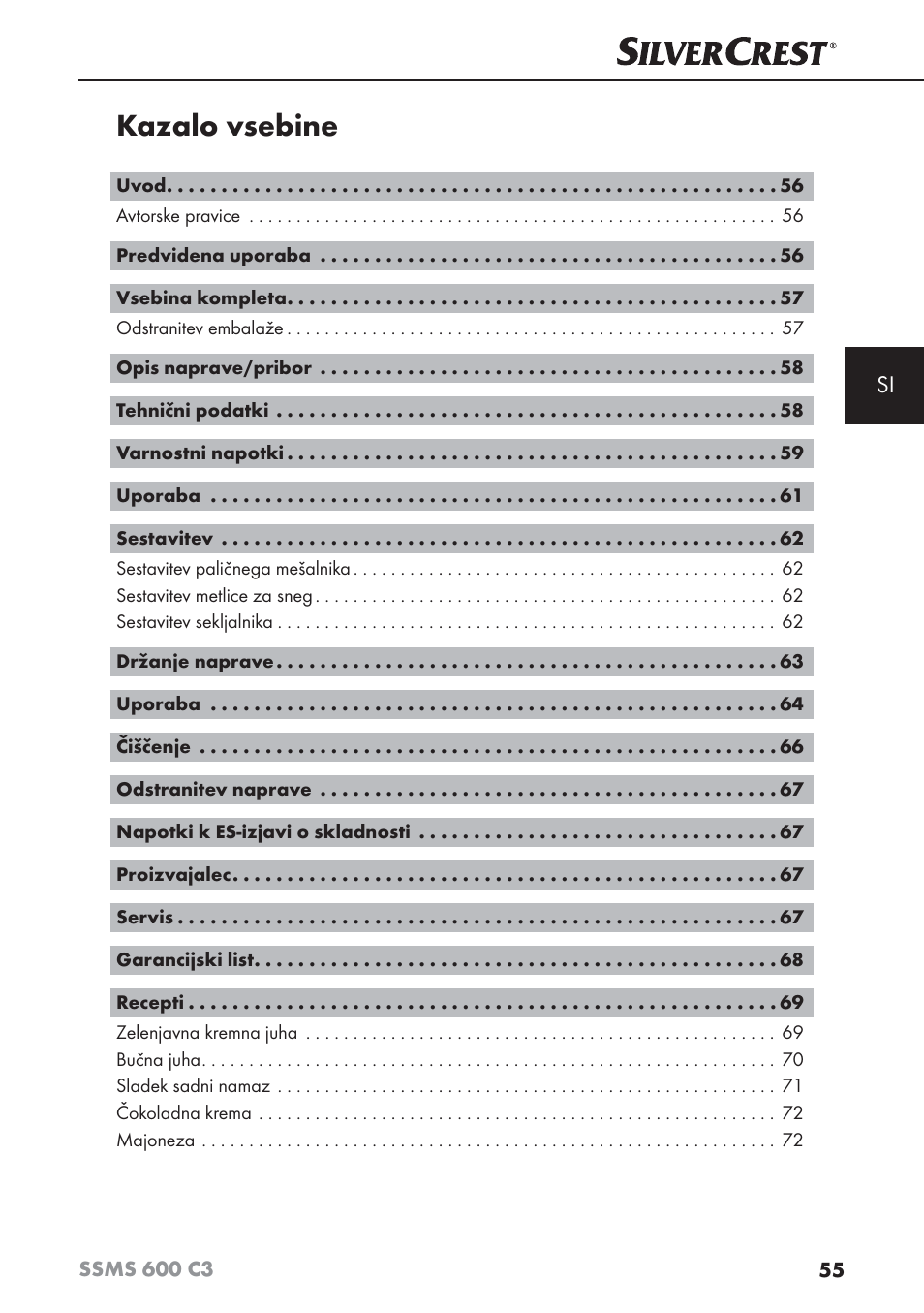 Kazalo vsebine | Silvercrest SSMS 600 C3 User Manual | Page 58 / 130