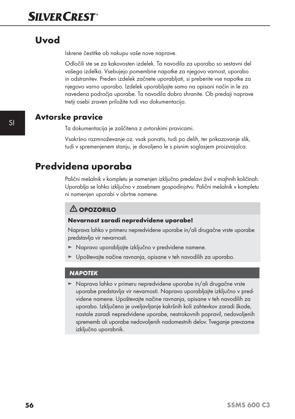 Uvod, Predvidena uporaba, Avtorske pravice | Silvercrest SSMS 600 C3 User Manual | Page 59 / 130