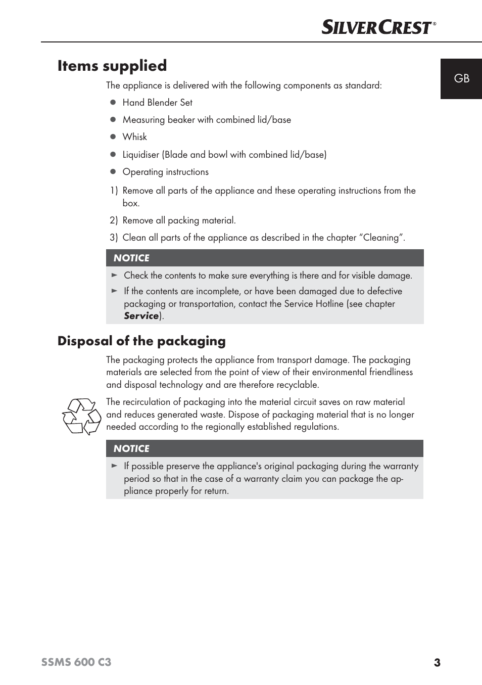 Items supplied, Disposal of the packaging | Silvercrest SSMS 600 C3 User Manual | Page 6 / 130