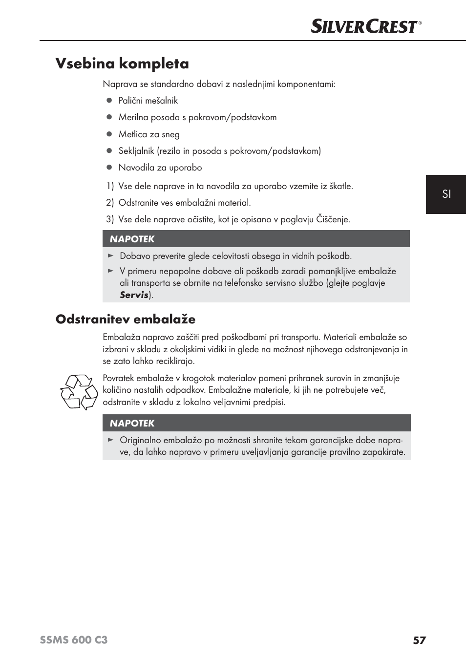 Vsebina kompleta, Odstranitev embalaže | Silvercrest SSMS 600 C3 User Manual | Page 60 / 130