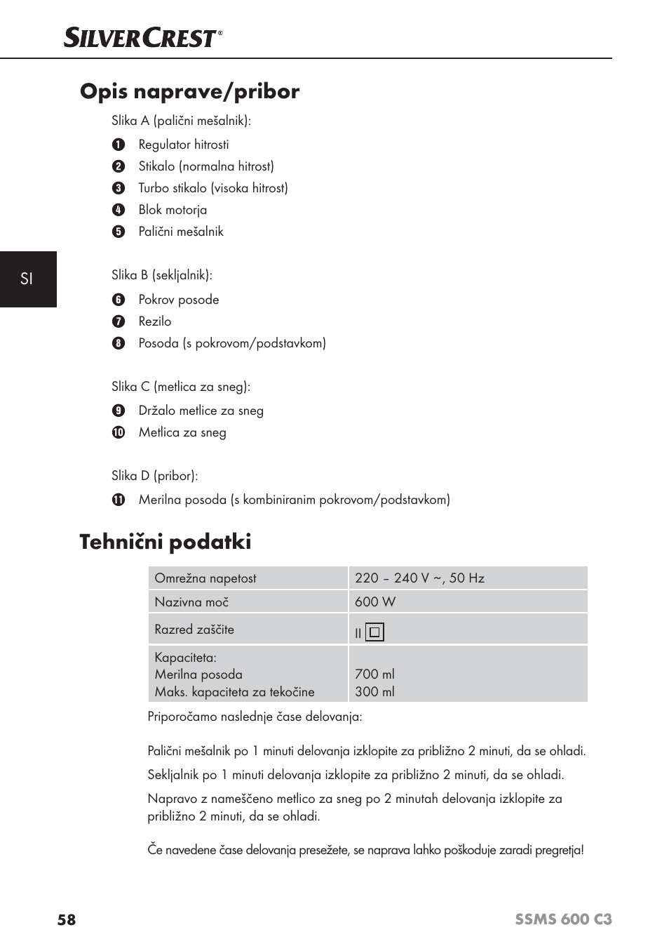 Opis naprave/pribor, Tehnični podatki | Silvercrest SSMS 600 C3 User Manual | Page 61 / 130