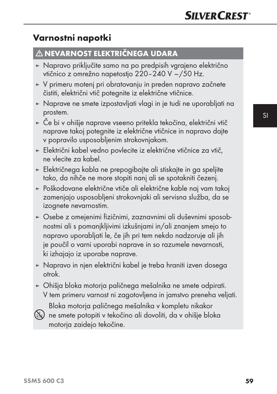 Varnostni napotki, Nevarnost električnega udara | Silvercrest SSMS 600 C3 User Manual | Page 62 / 130