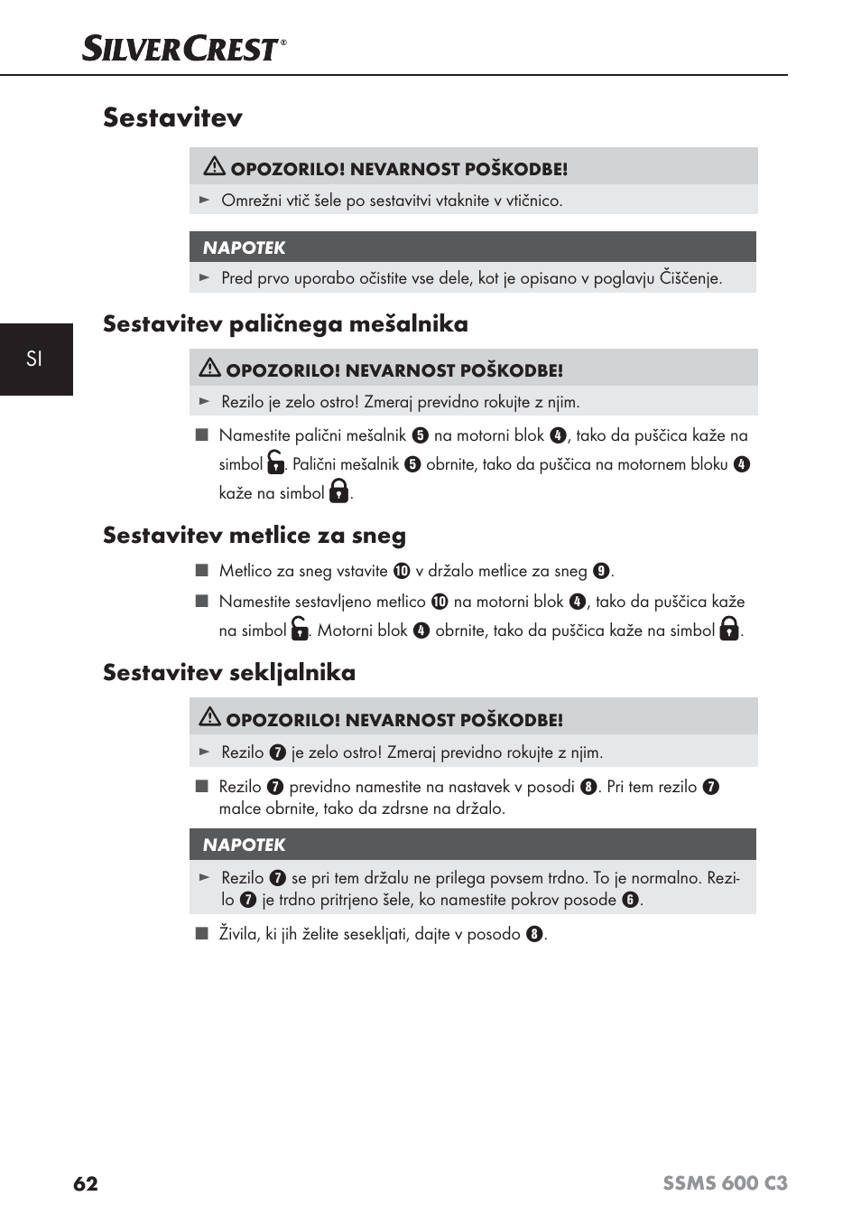 Sestavitev, Sestavitev paličnega mešalnika, Sestavitev metlice za sneg | Sestavitev sekljalnika | Silvercrest SSMS 600 C3 User Manual | Page 65 / 130