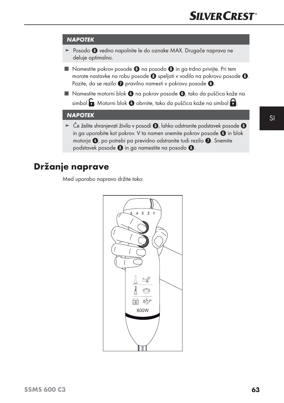 Držanje naprave | Silvercrest SSMS 600 C3 User Manual | Page 66 / 130