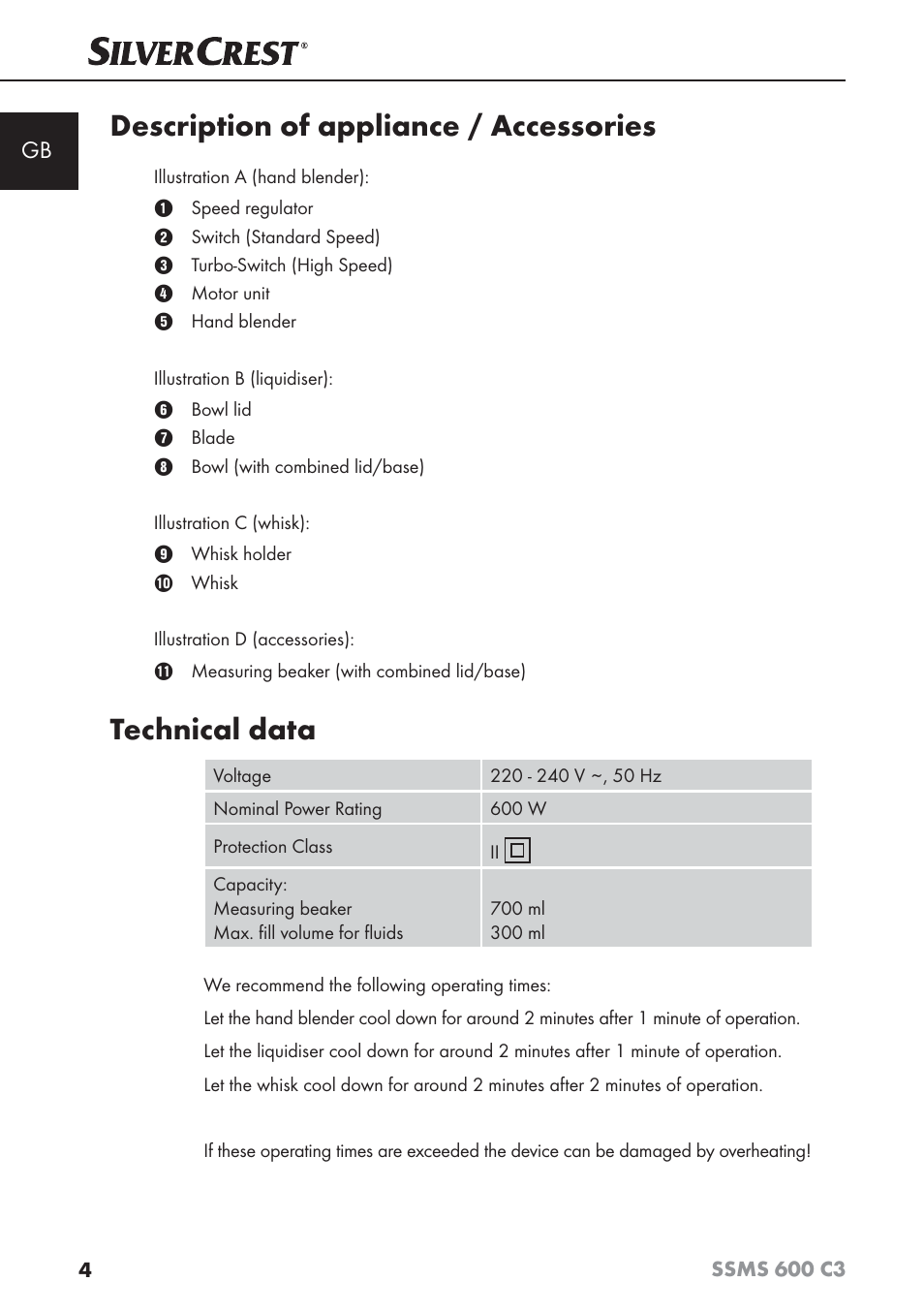 Description of appliance / accessories, Technical data | Silvercrest SSMS 600 C3 User Manual | Page 7 / 130