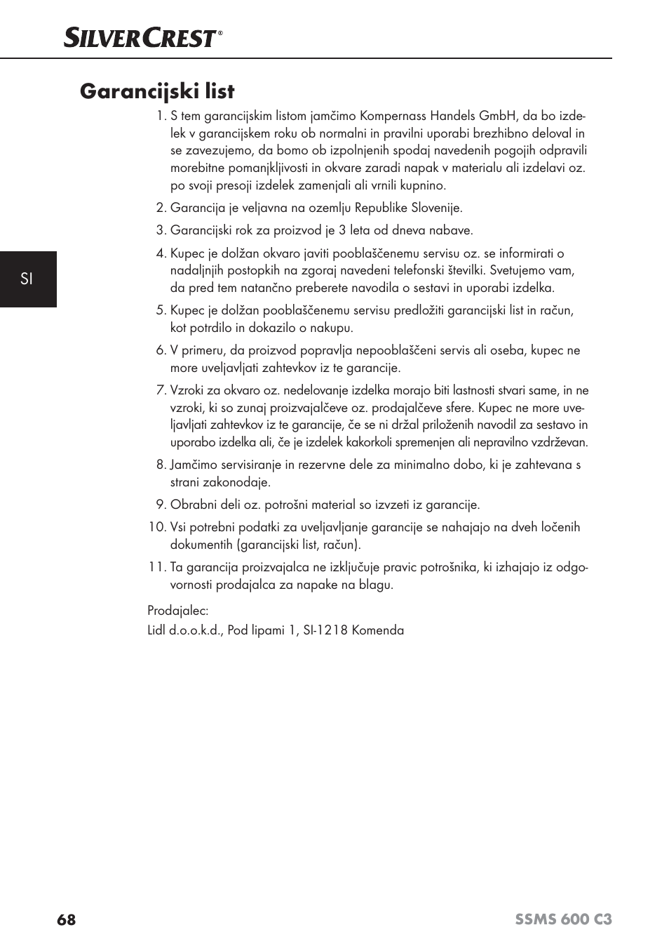 Garancijski list | Silvercrest SSMS 600 C3 User Manual | Page 71 / 130