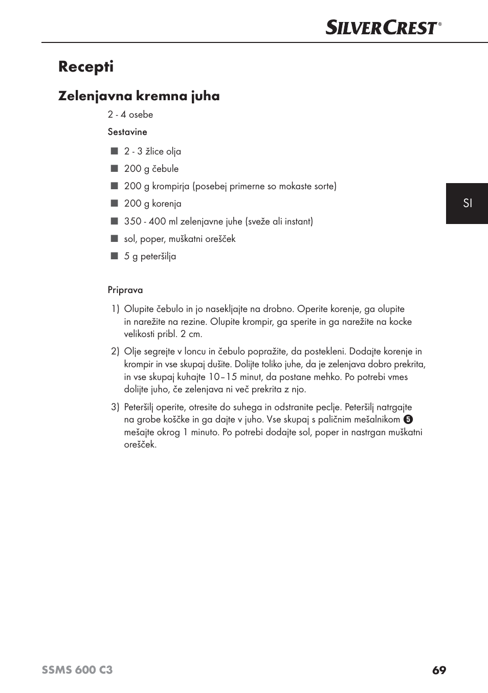 Recepti, Zelenjavna kremna juha | Silvercrest SSMS 600 C3 User Manual | Page 72 / 130