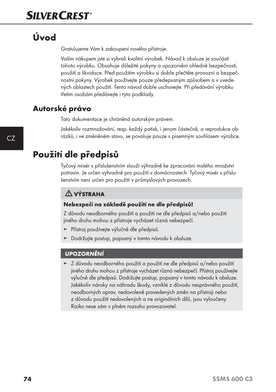 Úvod, Použití dle předpisů, Autorské právo | Silvercrest SSMS 600 C3 User Manual | Page 77 / 130