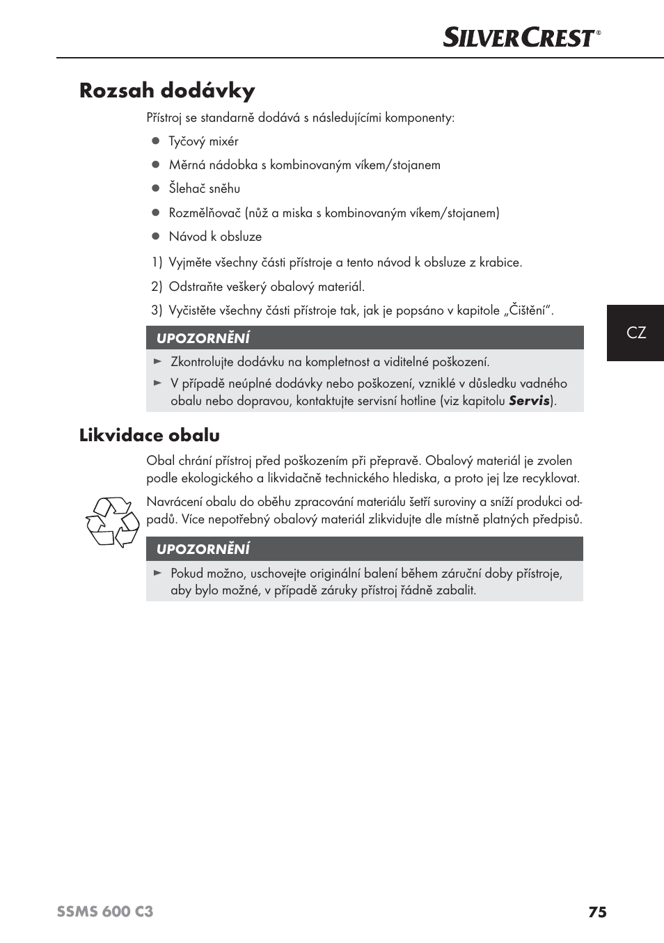 Rozsah dodávky, Likvidace obalu | Silvercrest SSMS 600 C3 User Manual | Page 78 / 130