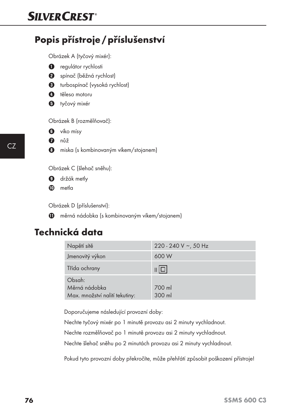 Popis přístroje / příslušenství, Technická data | Silvercrest SSMS 600 C3 User Manual | Page 79 / 130