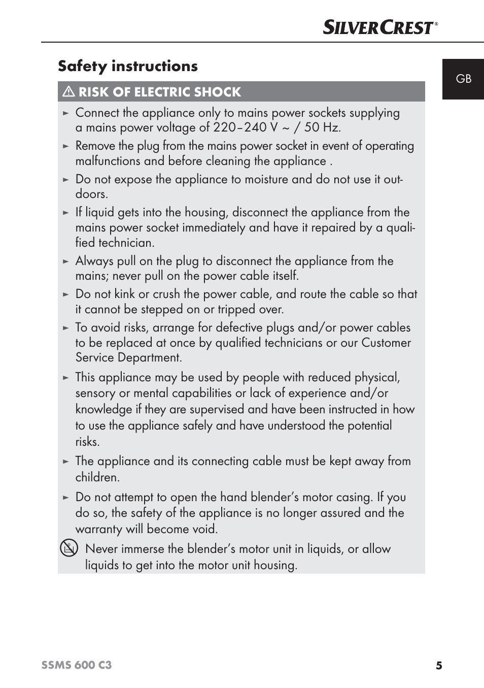 Safety instructions, Risk of electric shock | Silvercrest SSMS 600 C3 User Manual | Page 8 / 130