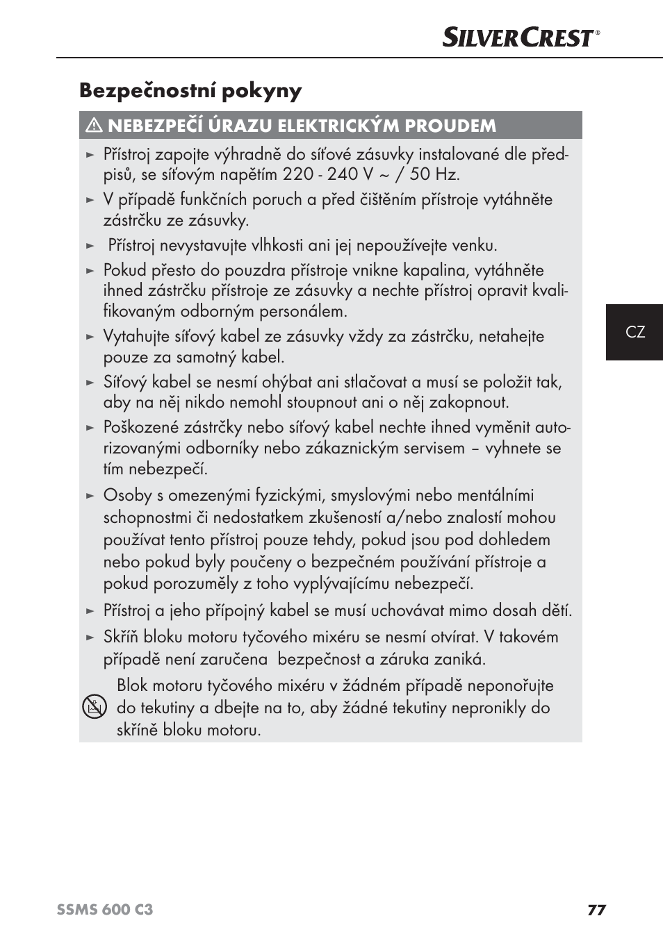 Bezpečnostní pokyny, Nebezpečí úrazu elektrickým proudem | Silvercrest SSMS 600 C3 User Manual | Page 80 / 130