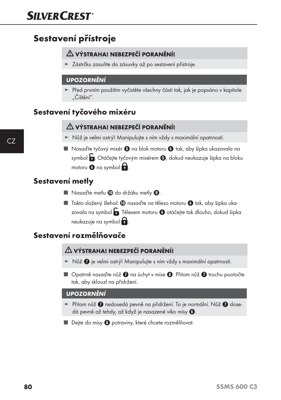 Sestavení přístroje, Sestavení tyčového mixéru, Sestavení metly | Sestavení rozmělňovače | Silvercrest SSMS 600 C3 User Manual | Page 83 / 130