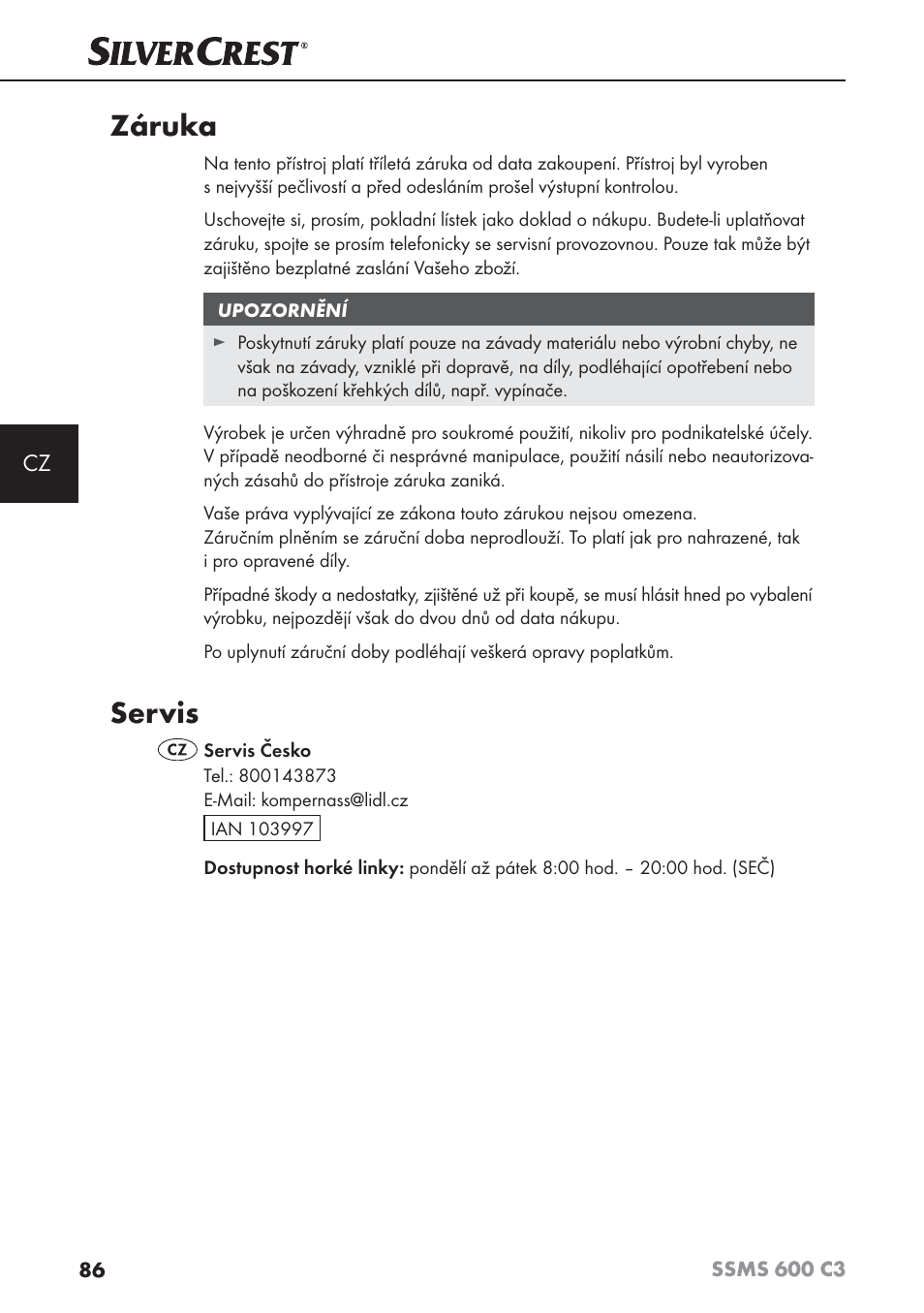 Záruka, Servis | Silvercrest SSMS 600 C3 User Manual | Page 89 / 130