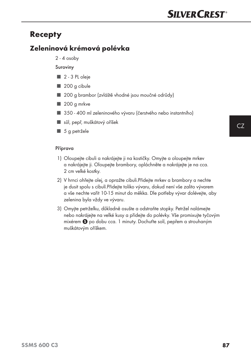 Recepty, Zeleninová krémová polévka | Silvercrest SSMS 600 C3 User Manual | Page 90 / 130