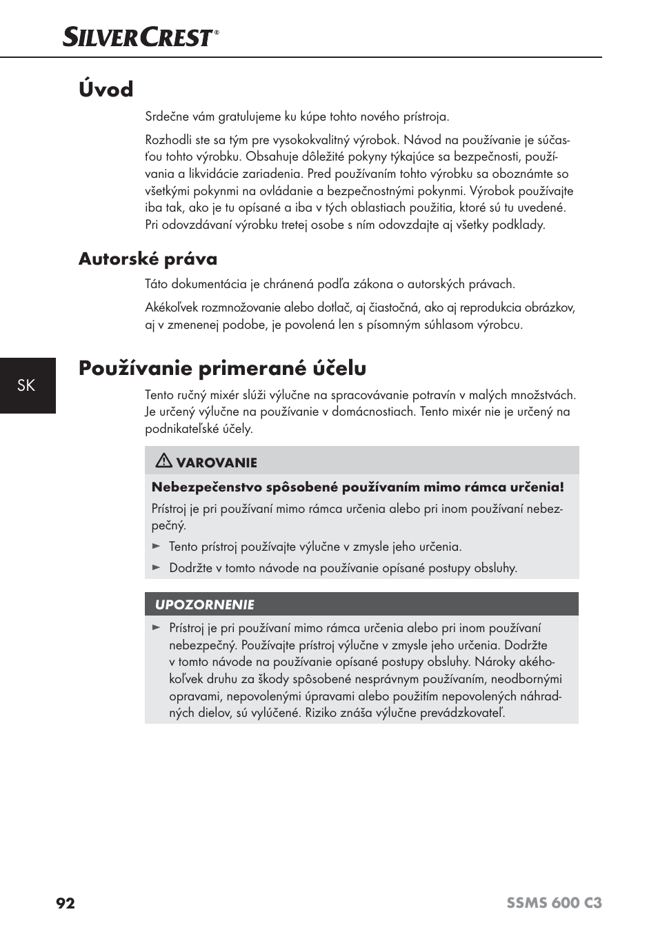 Úvod, Používanie primerané účelu, Autorské práva | Silvercrest SSMS 600 C3 User Manual | Page 95 / 130