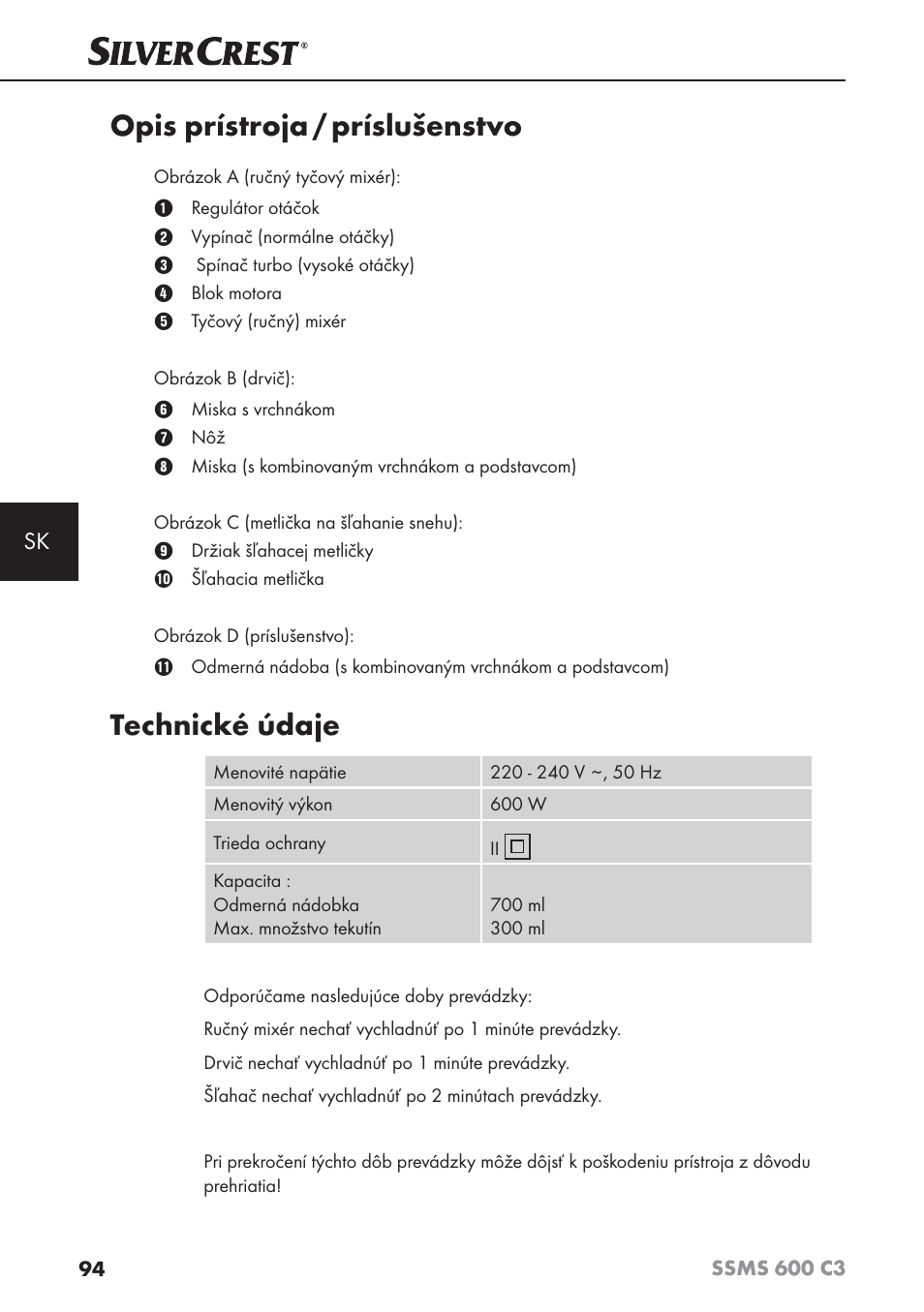 Opis prístroja / príslušenstvo, Technické údaje | Silvercrest SSMS 600 C3 User Manual | Page 97 / 130