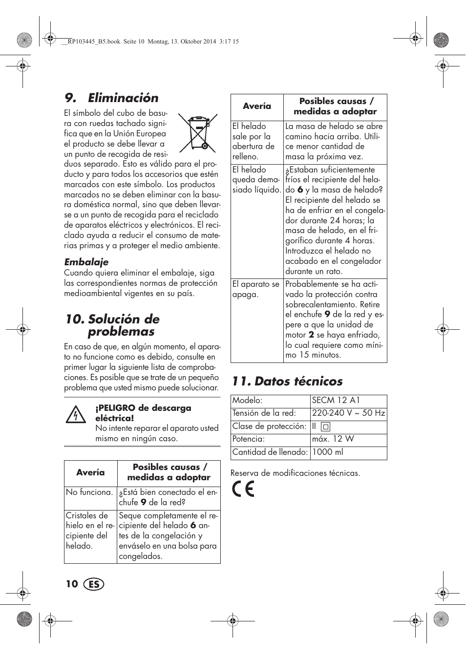 Eliminación, Solución de problemas, Datos técnicos | Silvercrest SECM 12 A1 User Manual | Page 12 / 62