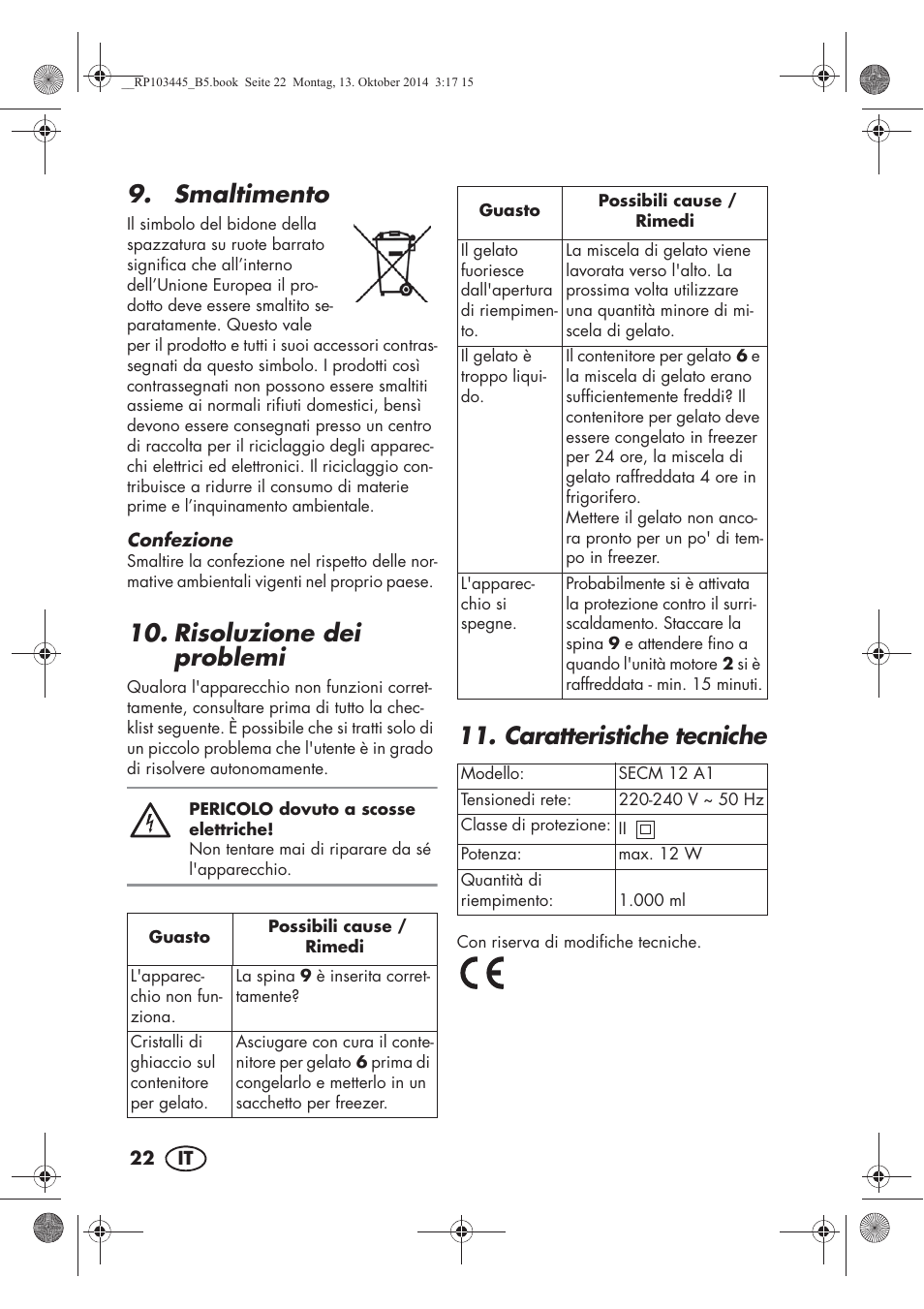 Smaltimento, Risoluzione dei problemi, Caratteristiche tecniche | Silvercrest SECM 12 A1 User Manual | Page 24 / 62