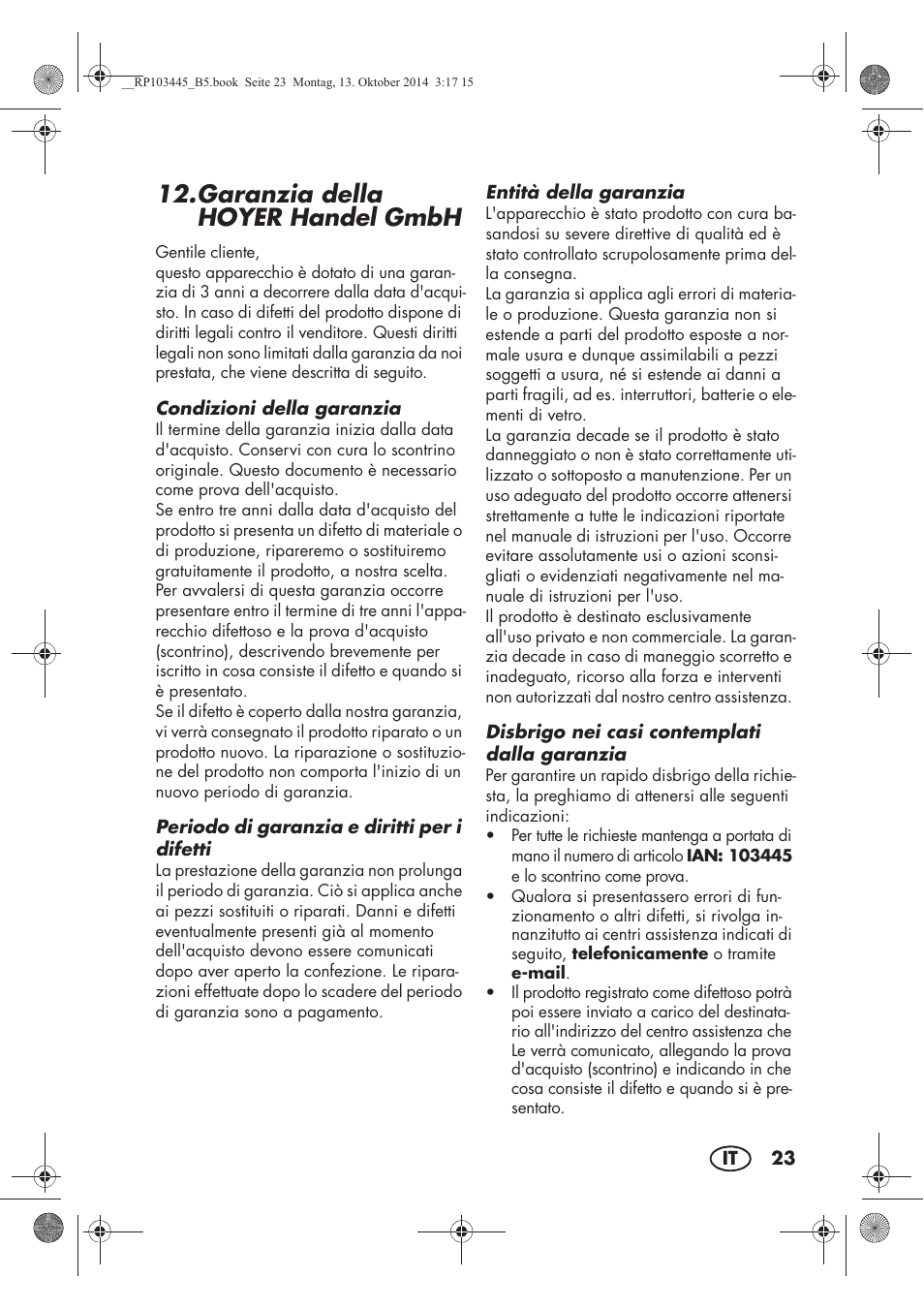 Garanzia della hoyer handel gmbh | Silvercrest SECM 12 A1 User Manual | Page 25 / 62