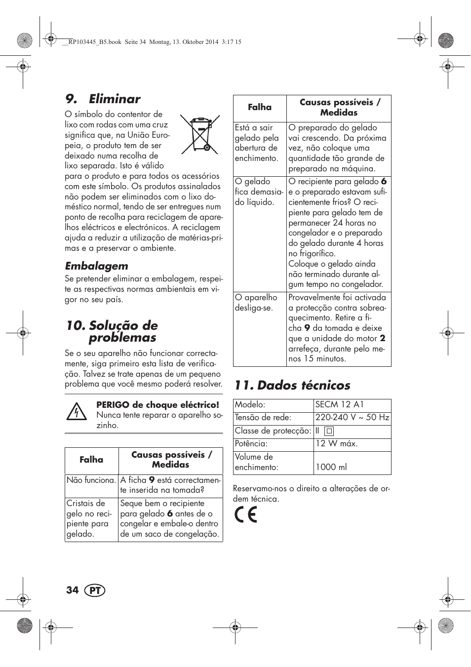 Eliminar, Solução de problemas, Dados técnicos | Silvercrest SECM 12 A1 User Manual | Page 36 / 62