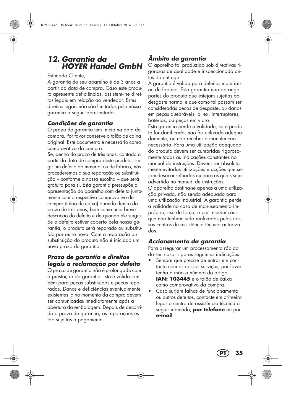 Garantia da hoyer handel gmbh | Silvercrest SECM 12 A1 User Manual | Page 37 / 62