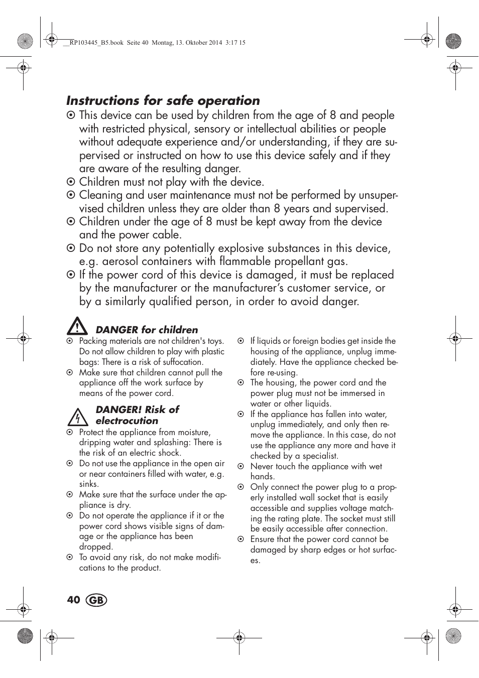 Instructions for safe operation | Silvercrest SECM 12 A1 User Manual | Page 42 / 62