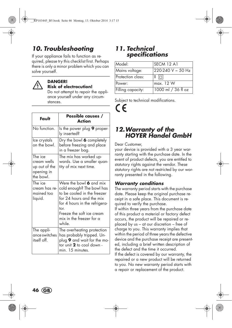 Troubleshooting, Technical specifications, Warranty of the hoyer handelgmbh | Silvercrest SECM 12 A1 User Manual | Page 48 / 62