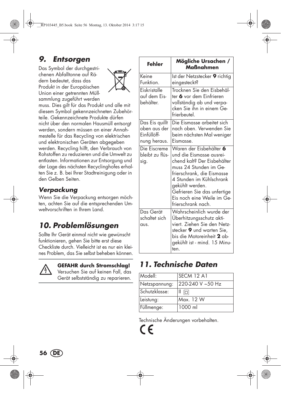 Entsorgen, Problemlösungen, Technische daten | Silvercrest SECM 12 A1 User Manual | Page 58 / 62