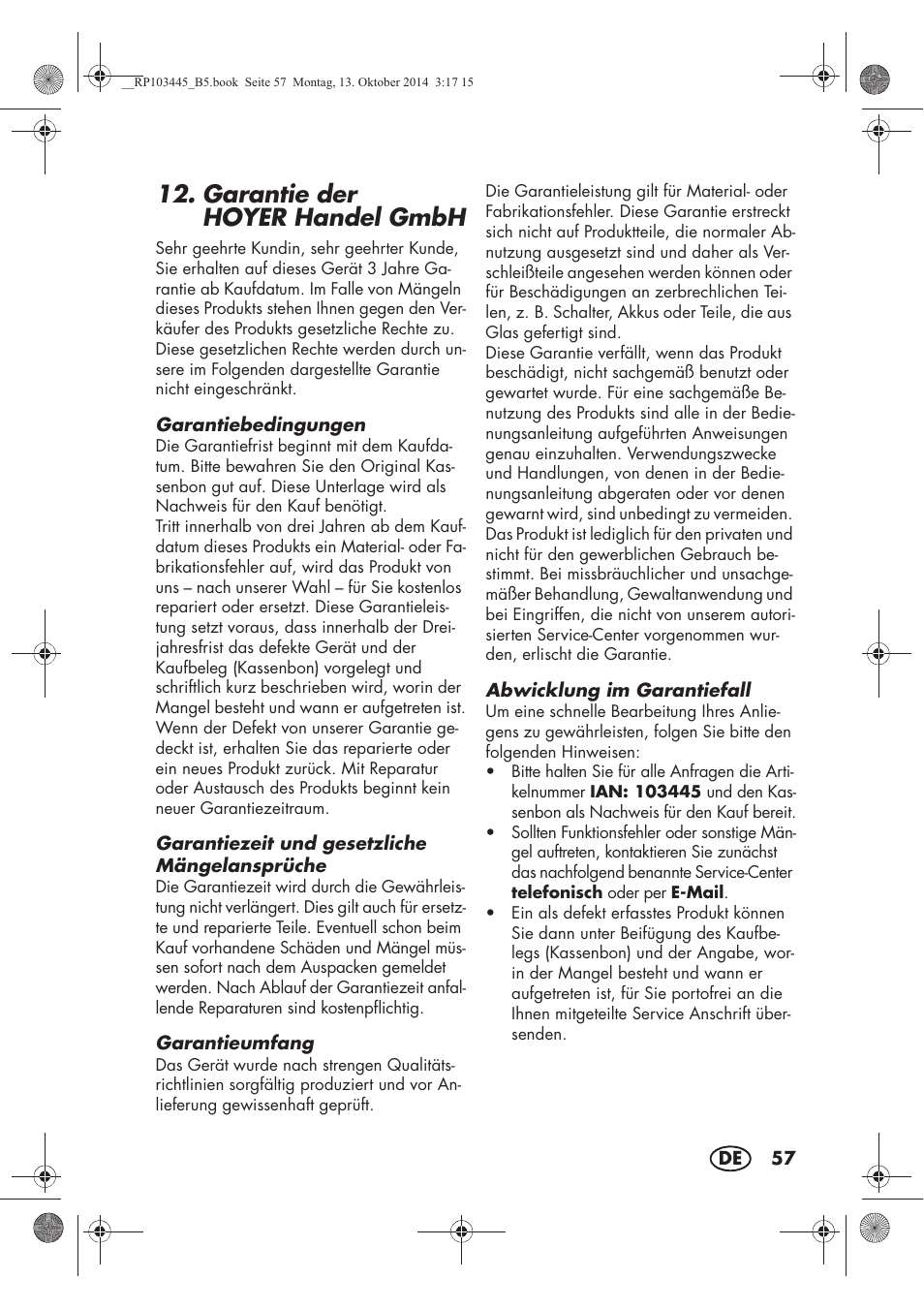 Garantie der hoyerhandel gmbh | Silvercrest SECM 12 A1 User Manual | Page 59 / 62