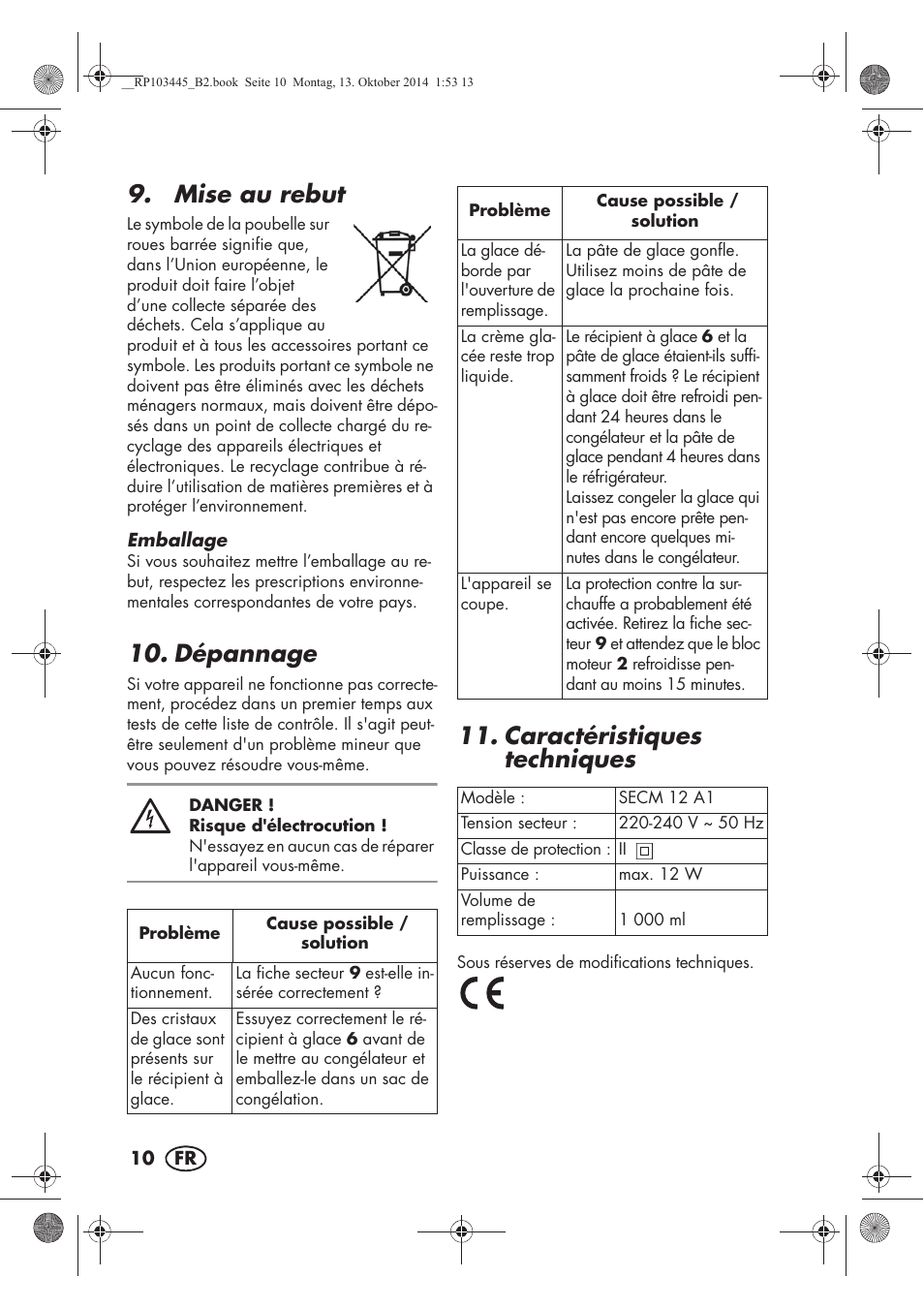 Mise au rebut, Dépannage, Caractéristiques techniques | Silvercrest SECM 12 A1 User Manual | Page 12 / 50