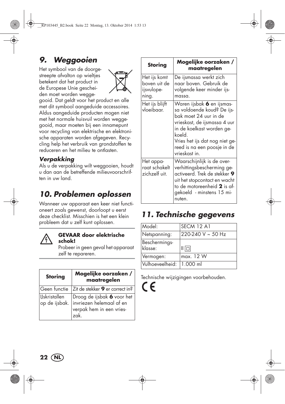 Weggooien, Problemen oplossen, Technische gegevens | Silvercrest SECM 12 A1 User Manual | Page 24 / 50