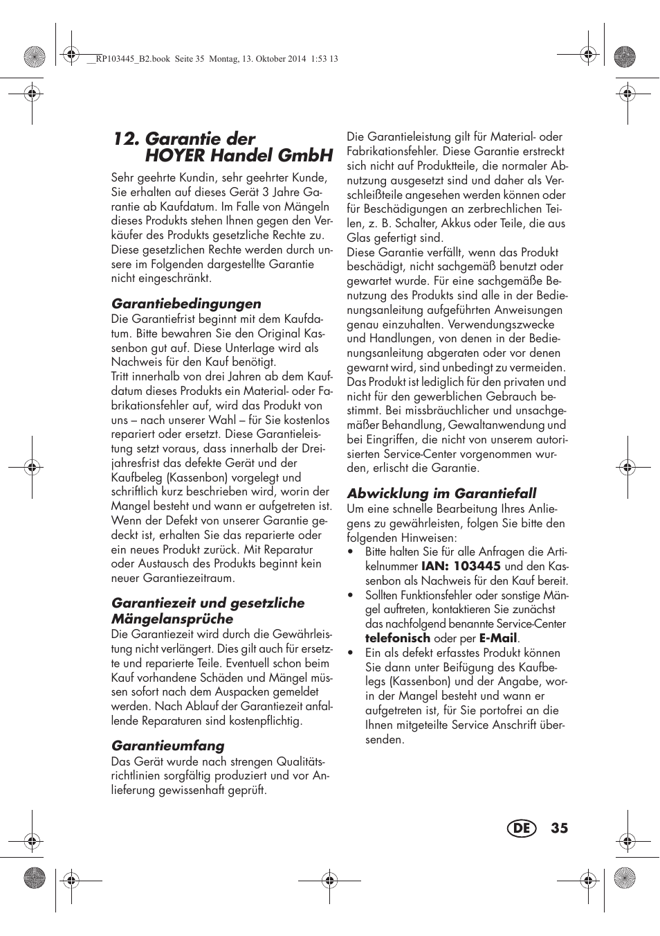 Garantie der hoyerhandel gmbh | Silvercrest SECM 12 A1 User Manual | Page 37 / 50