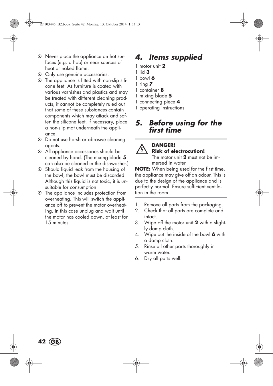 Items supplied, Before using for the first time | Silvercrest SECM 12 A1 User Manual | Page 44 / 50