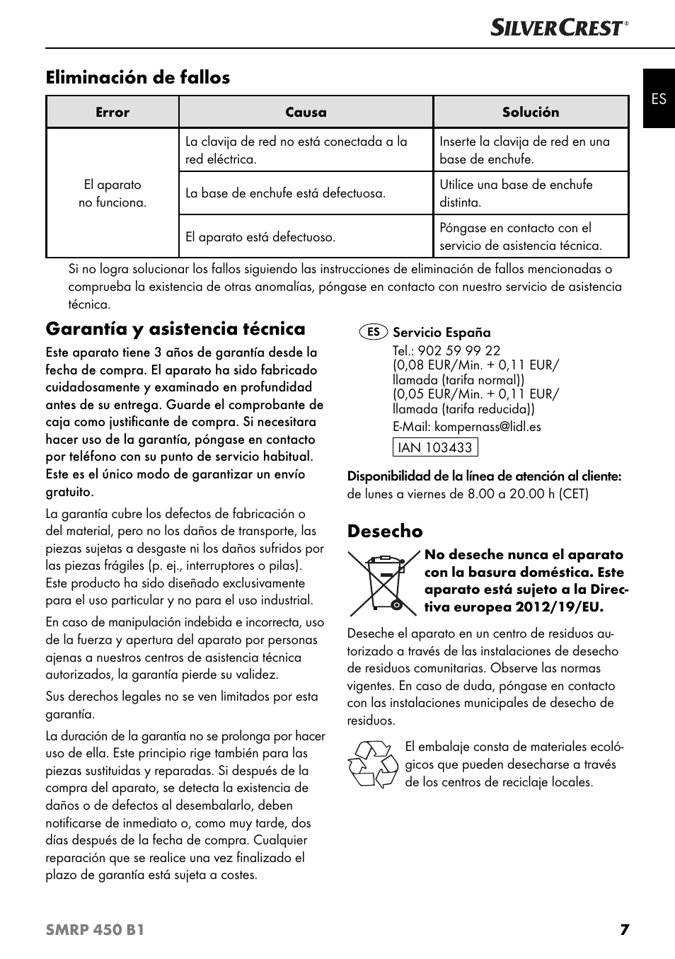 Eliminación de fallos, Garantía y asistencia técnica, Desecho | Silvercrest SMRP 450 B1 User Manual | Page 10 / 44