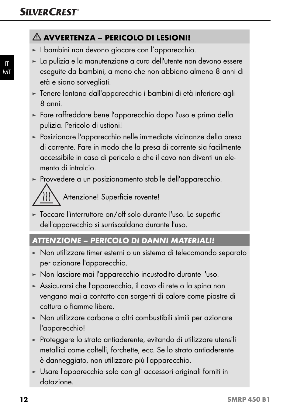 Avvertenza – pericolo di lesioni, I bambini non devono giocare con l’apparecchio | Silvercrest SMRP 450 B1 User Manual | Page 15 / 44