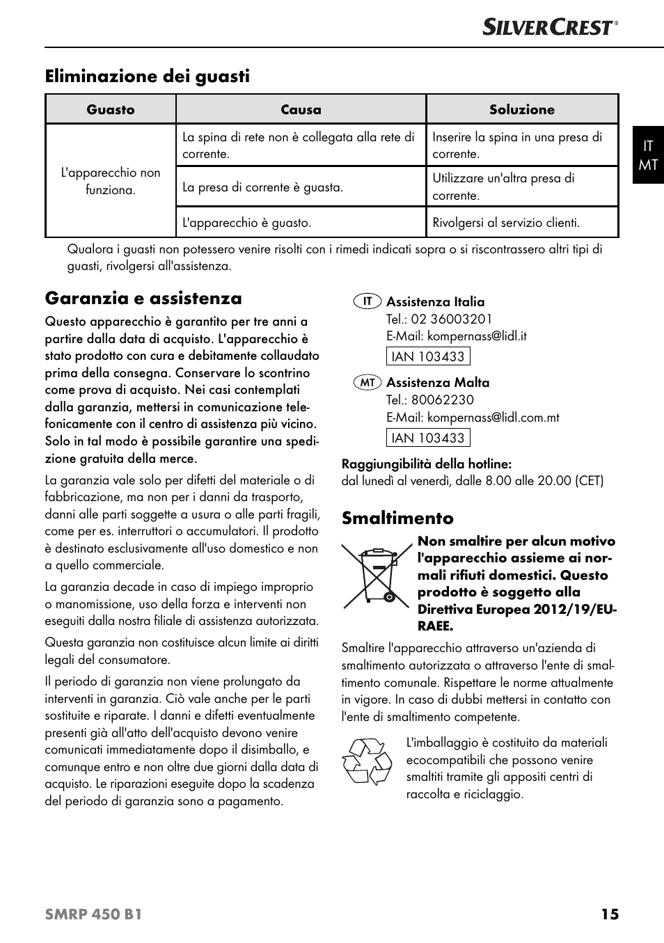 Eliminazione dei guasti, Garanzia e assistenza, Smaltimento | Silvercrest SMRP 450 B1 User Manual | Page 18 / 44